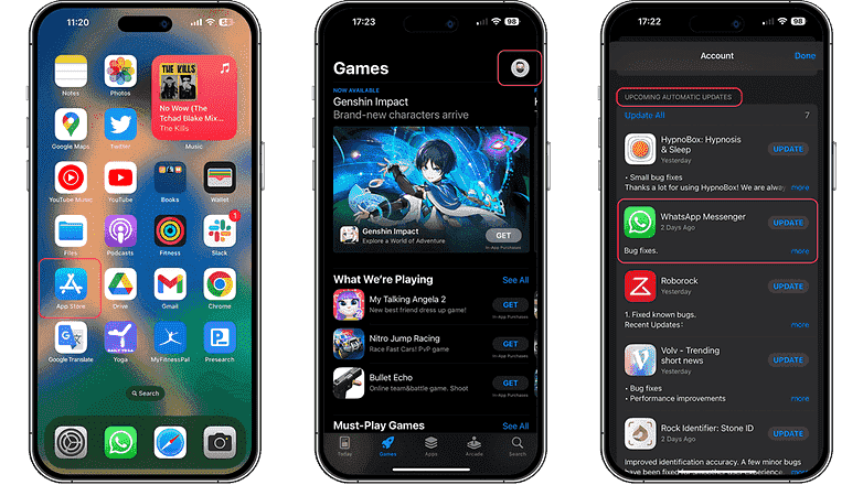 iOS'ta WhatsApp uygulamasını güncelleme yolunu gösteren ekran görüntüleri