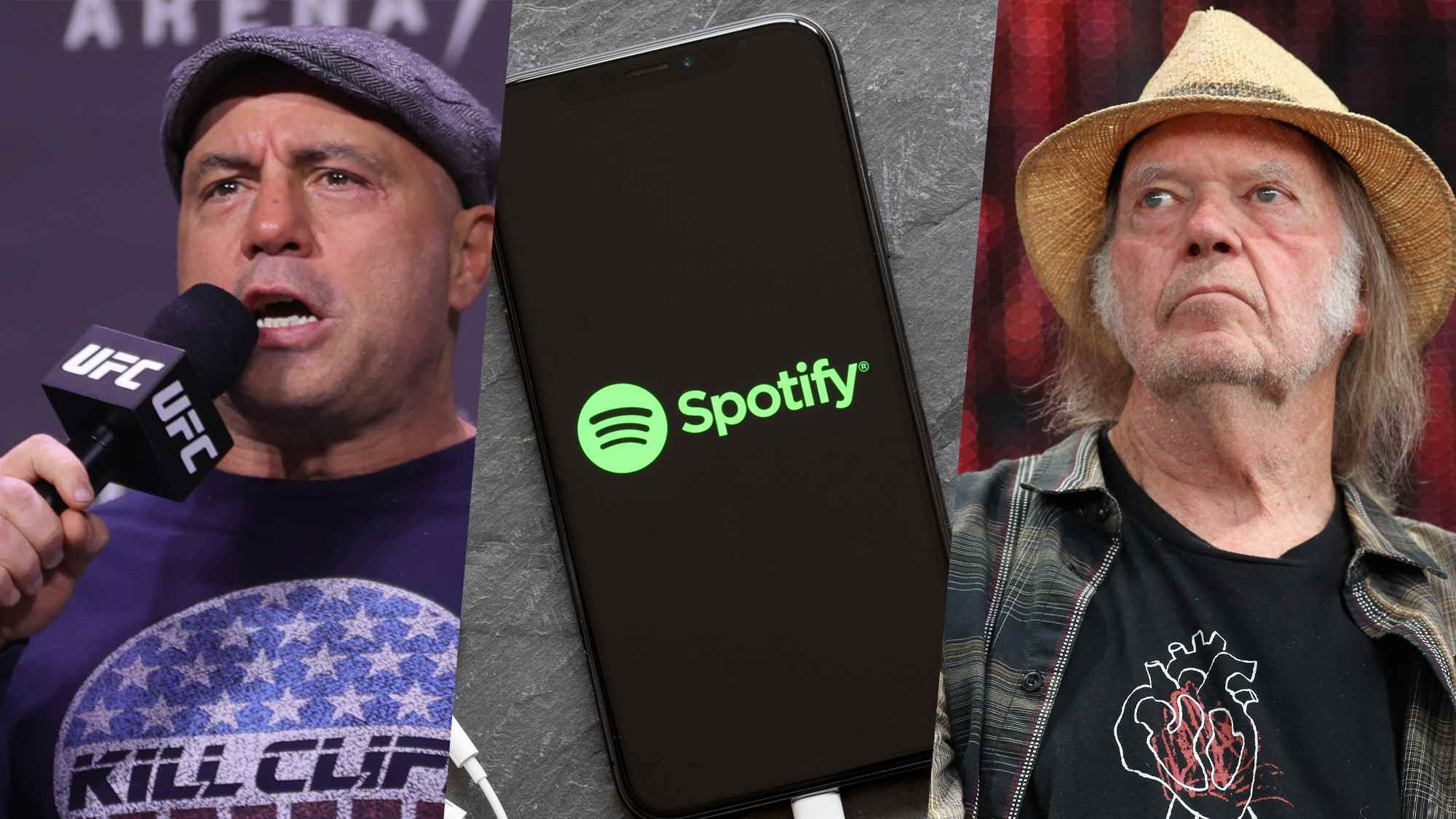 Joe Rogan mikrofonla konuşuyor, Spotify telefonda ve Neil Young bir performansta