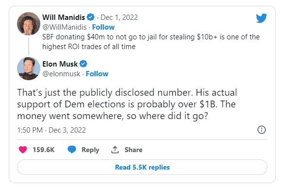 Elon Musk: FTX kripto borsasının eski başkanı, ABD Demokrat Partisi'ne 1 milyar dolardan fazla bağışta bulundu.
