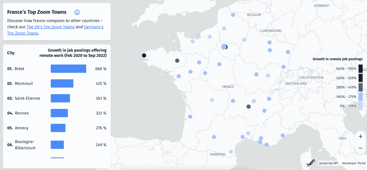 En uzak çalışma fırsatlarına sahip şehirleri vurgulayan Fransa haritası.
