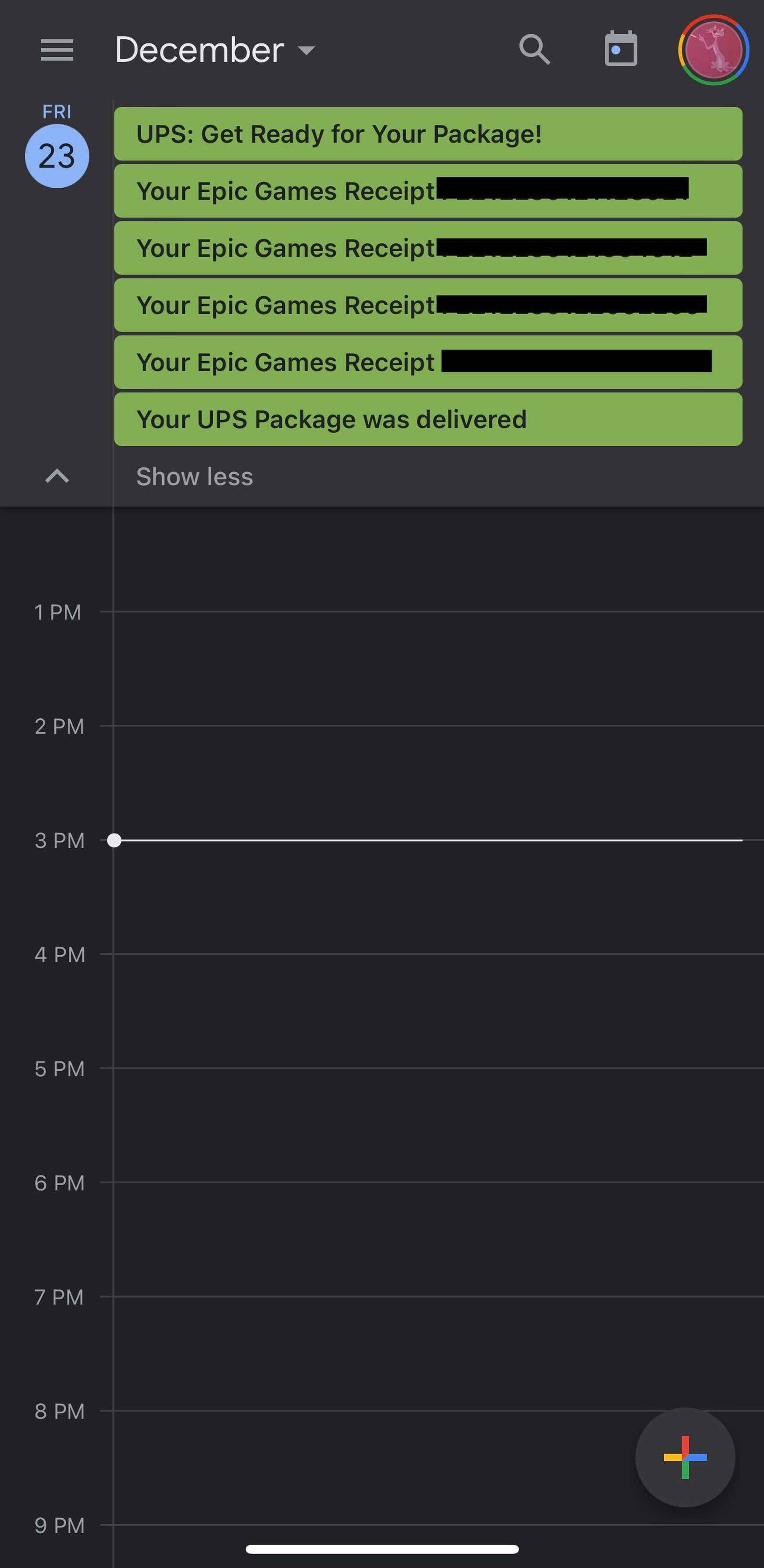 Google Takvim uygulamasının karanlık moddaki ekran görüntüsü.  23 Aralık günü, Epic Games Makbuzunuz, UPS Paketiniz Teslim Edildi başlıklı ve UPS: Paketiniz İçin Hazır Olun başlıklı tam gün dört etkinlik içerir.