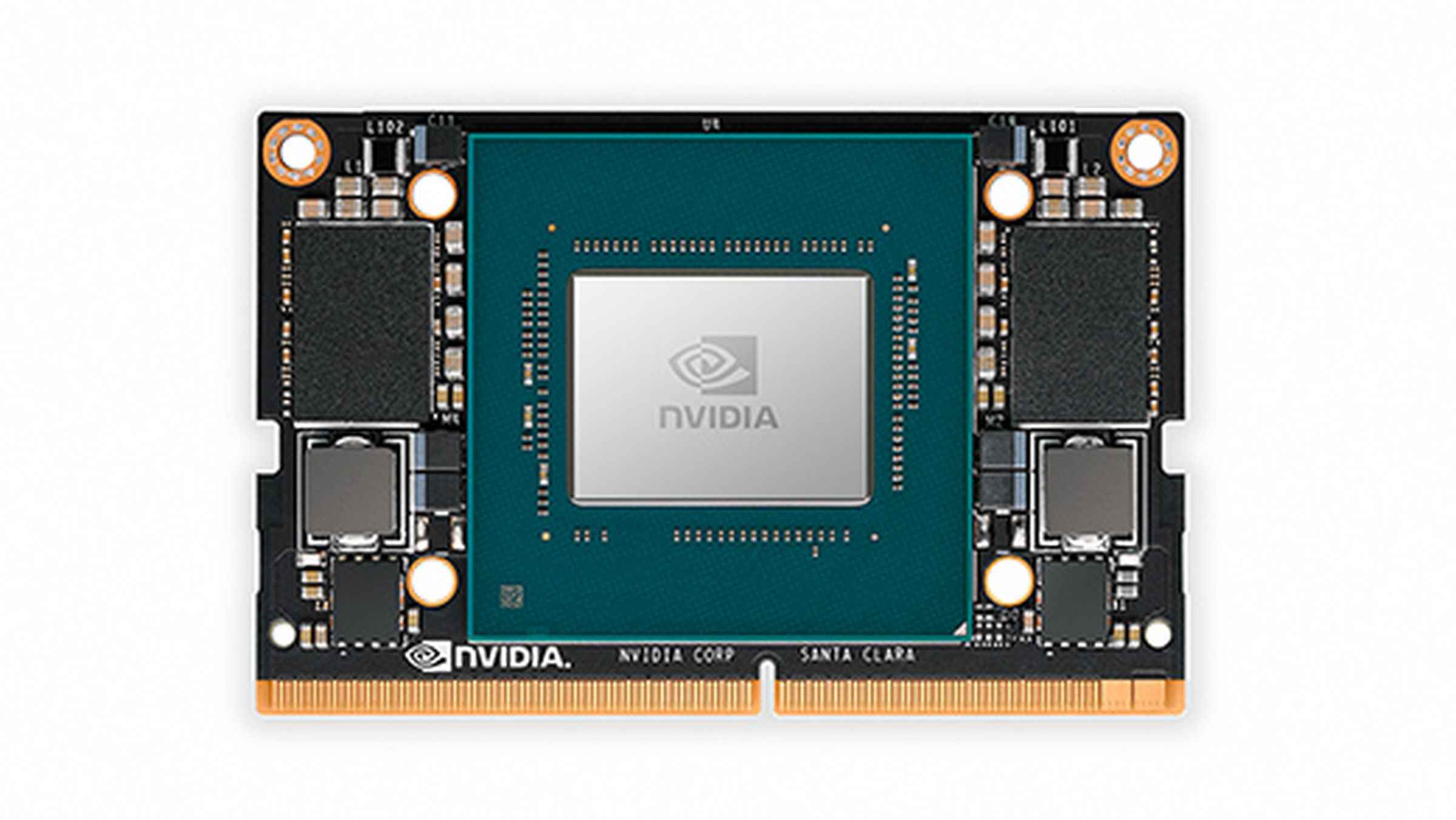 Nvidia logolu, çip üzerinde bir sistemi gösteren resim.  Sistem, Nvidia Jetson Xavier NX Modülü adı verilen bir yapay zeka platformudur.