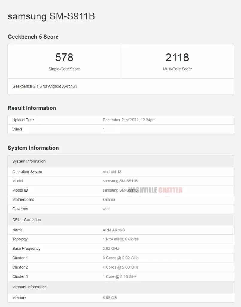 Samsung Galaxy S23 için yeni GeekBench listesi (model&nbsp;SM-S911B) - Spesifikasyon sayfası bulmacasını doldurmak için başka bir Galaxy S23 Geekbench listesi açılıyor