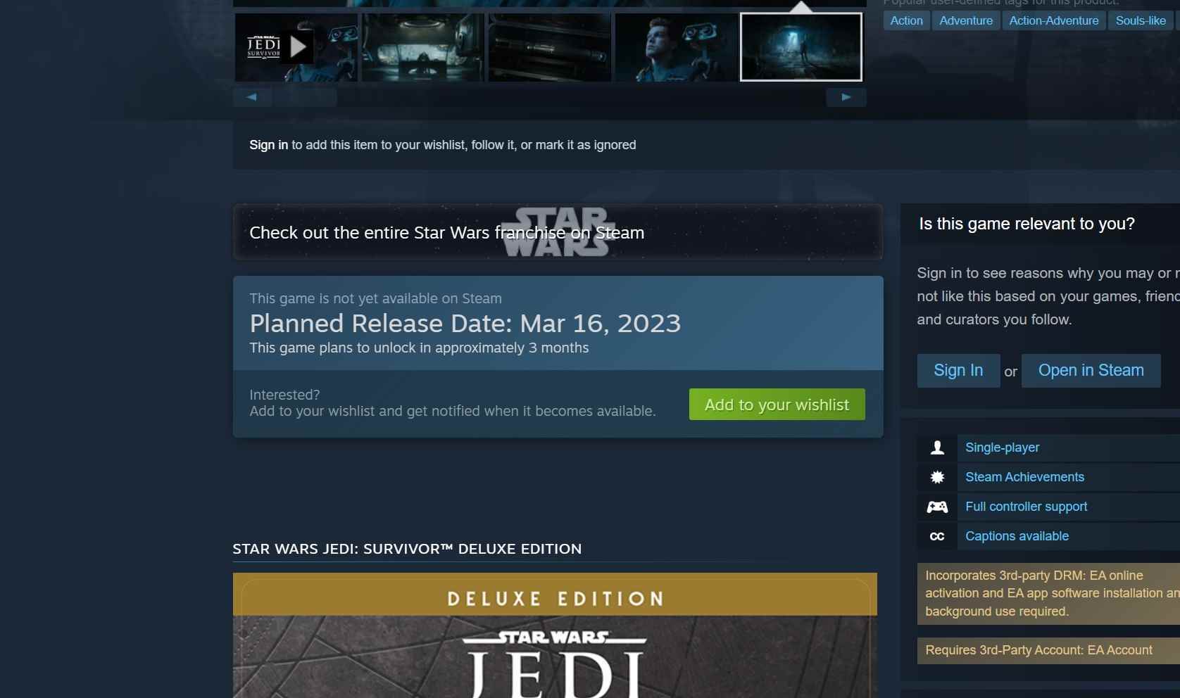 Star Wars Jedi: Survivor Steam sayfasının çıkış tarihi