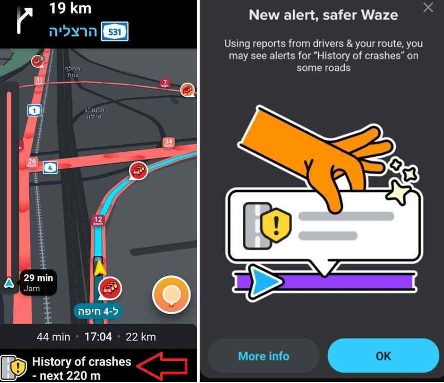 Waze, sürücülere bir yolun normalden daha yüksek kaza geçmişi olup olmadığını bildiren bir uyarıyı test ediyor Resim kredisi-Geektime - Waze, sürücüleri tehlikeli bir yolda seyahat etmek üzere uyaran bir özelliği test ediyor