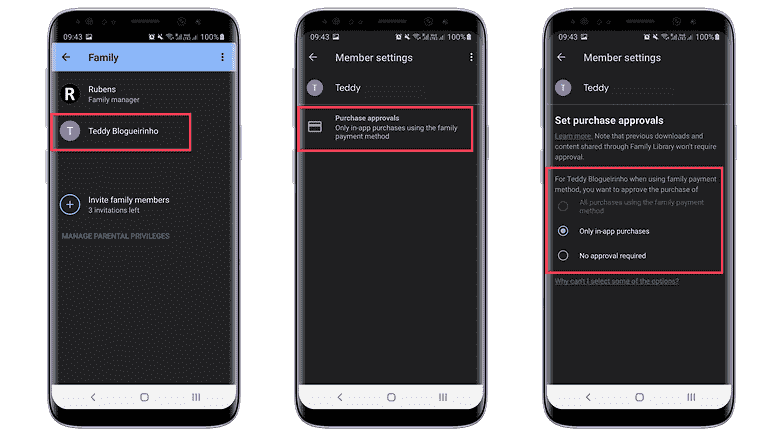 Satın alma onayları için Android ayarlarının ekran görüntüleri