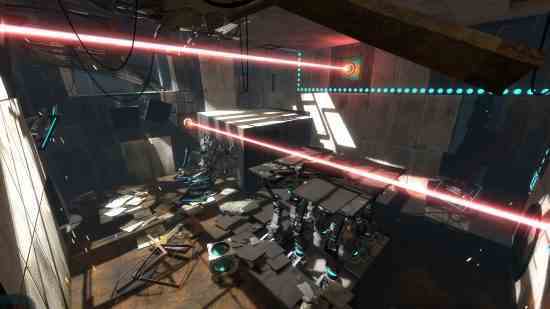 En iyi yapboz oyunları - Portal 2: İki lazerin odanın ortasından birbirine dik olarak geçtiği test odalarından biri