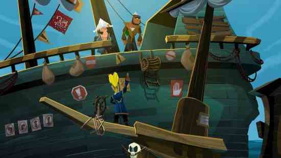 En iyi bulmaca oyunları - Monkey Island'a Dönüş: Guybrush başka bir gemide korsanlarla konuşuyor