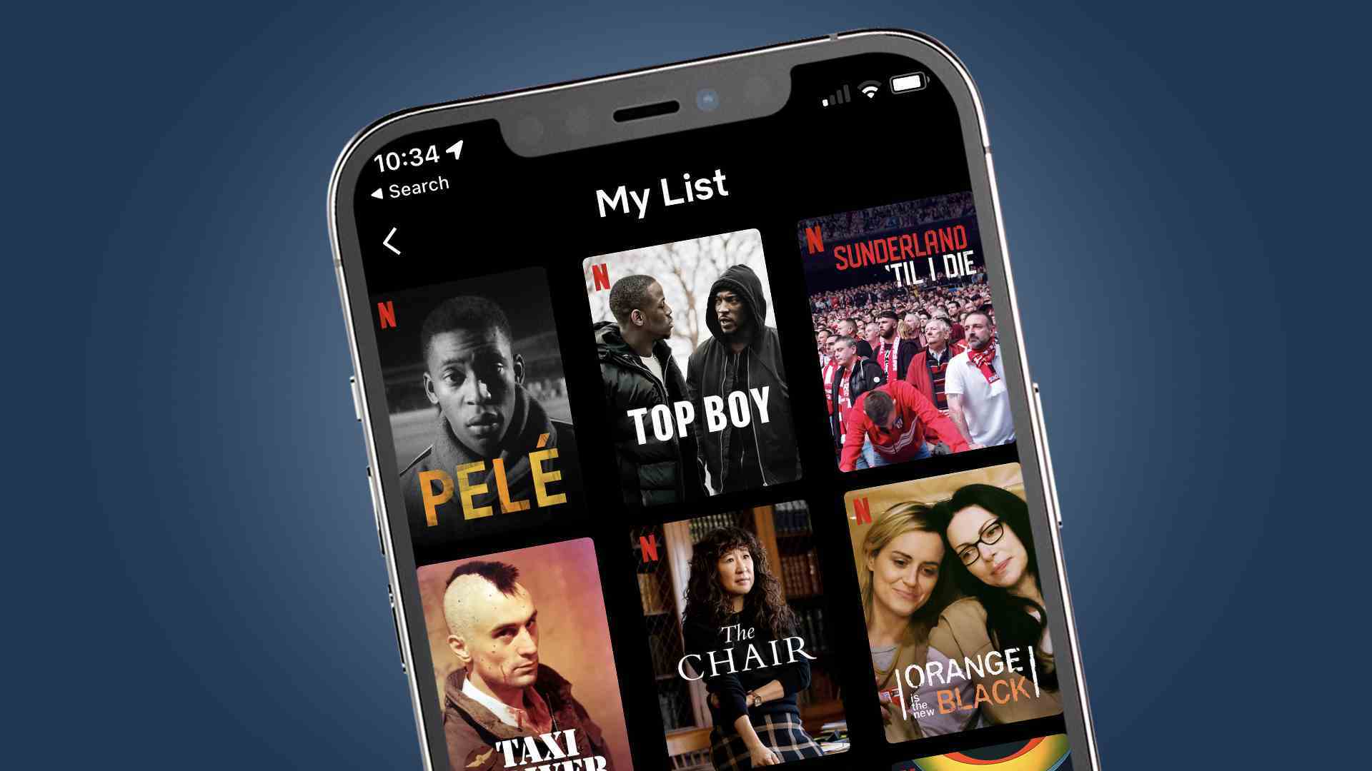 Yenilenen Netflix uygulama arayüzünü gösteren bir iPhone