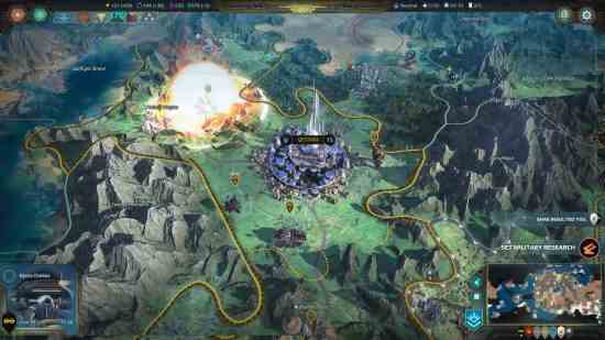 Total War gibi oyunlar: Age of Wonders: Planetfall'daki sefer haritası, bir savaşın ortasında, büyük bir yerleşim yerinden çok uzakta olmayan bir patlamayı gösteriyor.