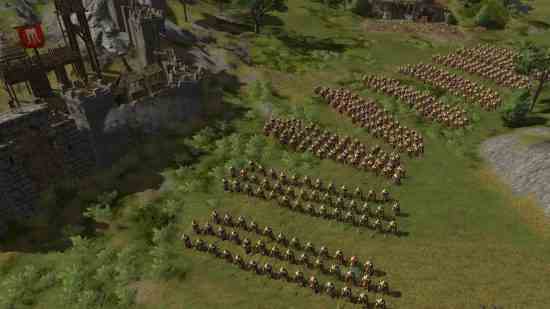 Total War: Hegemony III - Clash of the Ancients'ta bir taş kalenin yanında müfrezelere bölünmüş bir tabur asker gibi oyunlar.