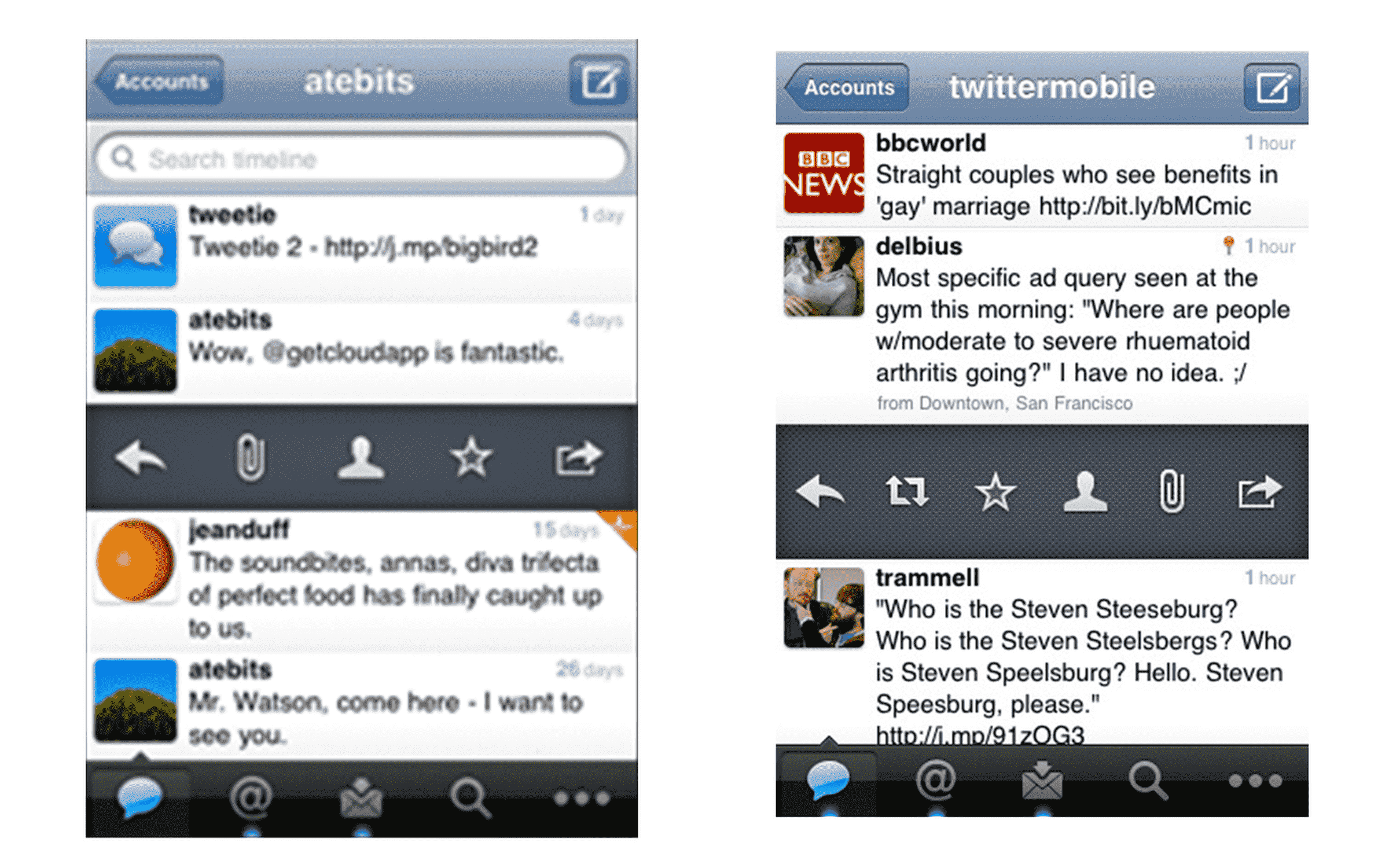 iPhone için Twitter ile karşılaştırıldığında Tweetie 2'nin ekran görüntüsü.