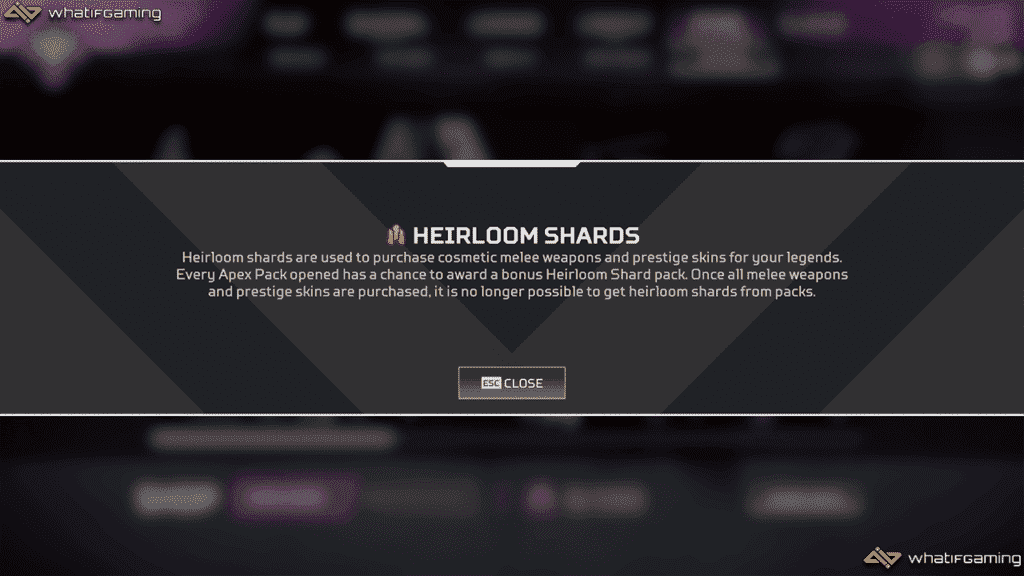 Apex Legends'ta Heirloom Shards'ı açıklayan bir fotoğraf.