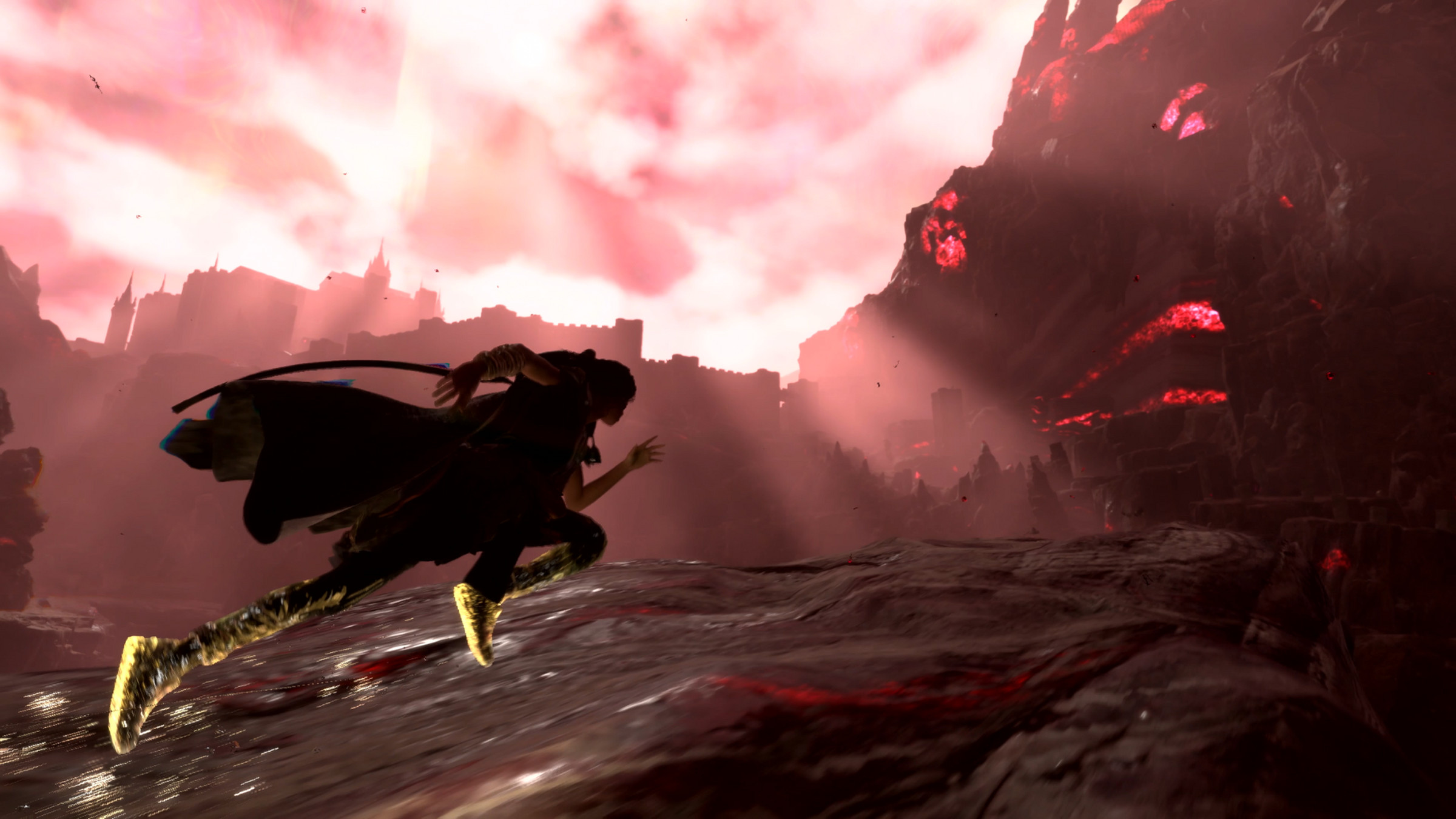 Frey'i şiddetli bir kırmızı gökyüzüne karşı bir dağın yamacına park ederken gösteren Forspoken'dan ekran görüntüsü