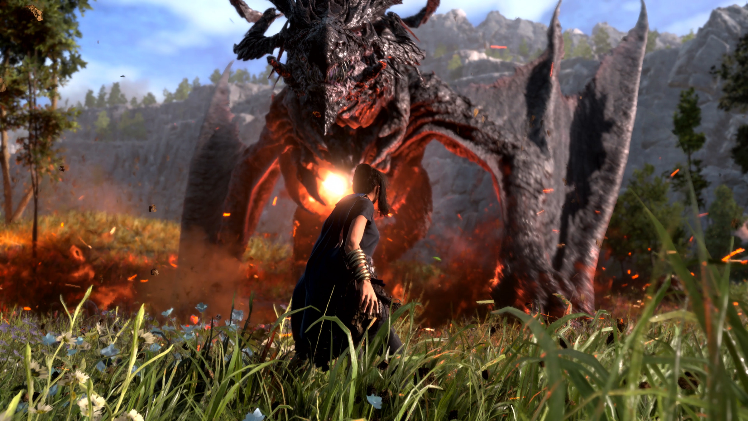 Frey'i çimenli bir alanda tehditkar bir ejderhayla karşı karşıya getiren Forspoken'dan ekran görüntüsü