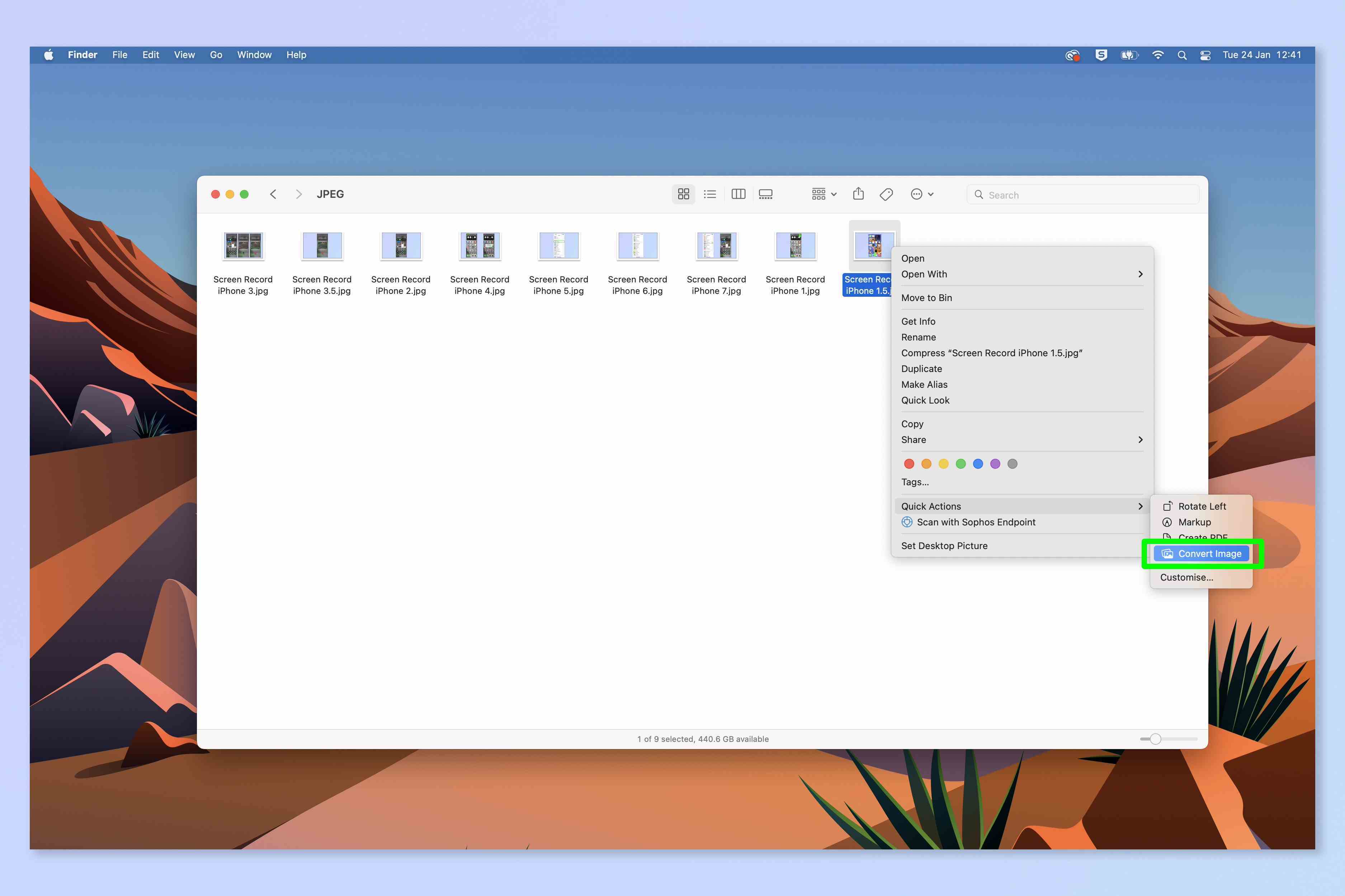 Mac'te görüntüleri dönüştürmek için gereken adımları gösteren bir ekran görüntüsü