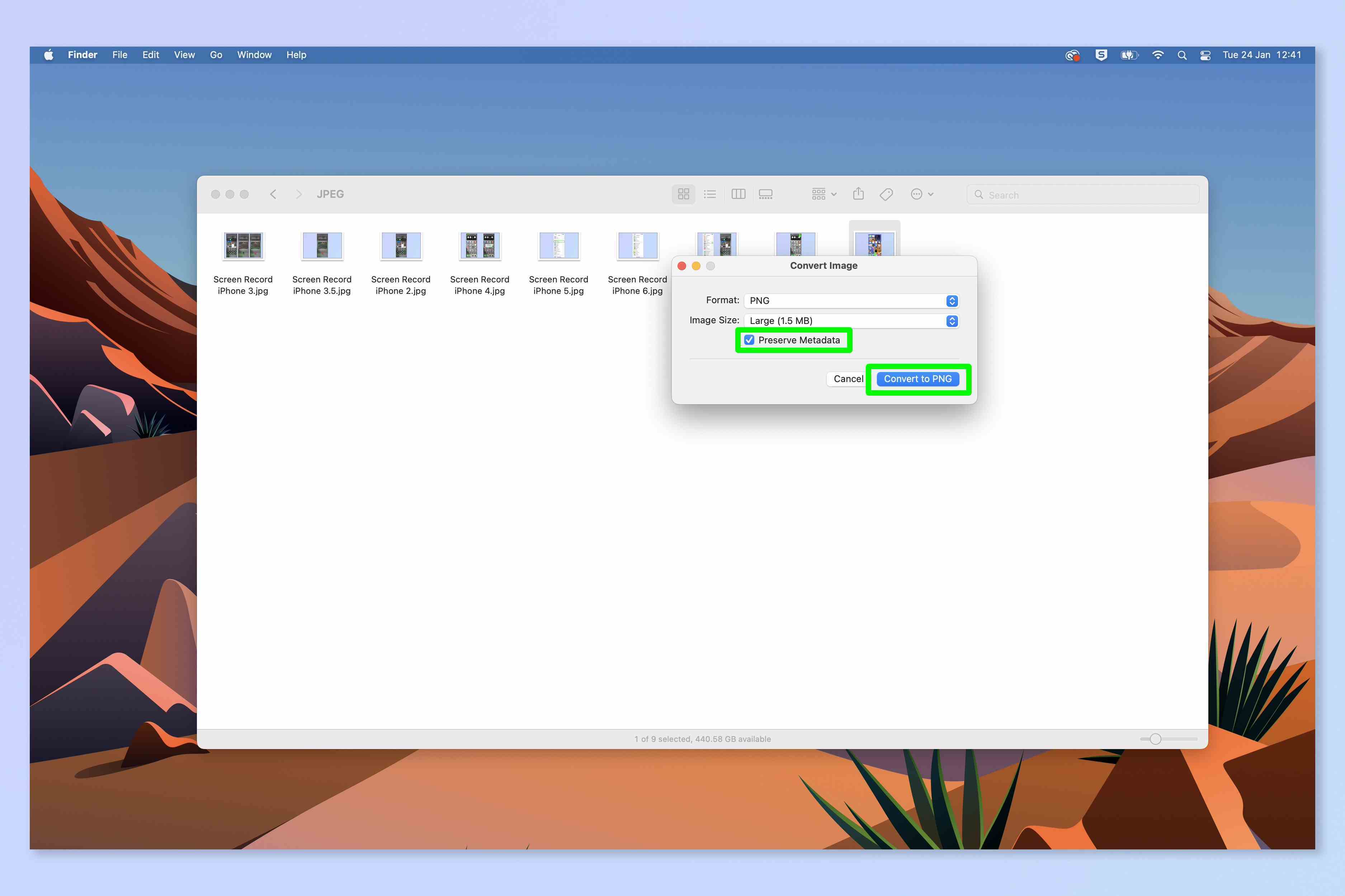 Mac'te görüntüleri dönüştürmek için gereken adımları gösteren bir ekran görüntüsü