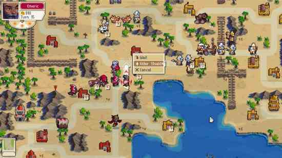 Fire Emblem: Wargroove'da çölde geçen bir savaşın yukarıdan aşağıya görünümü gibi oyunlar