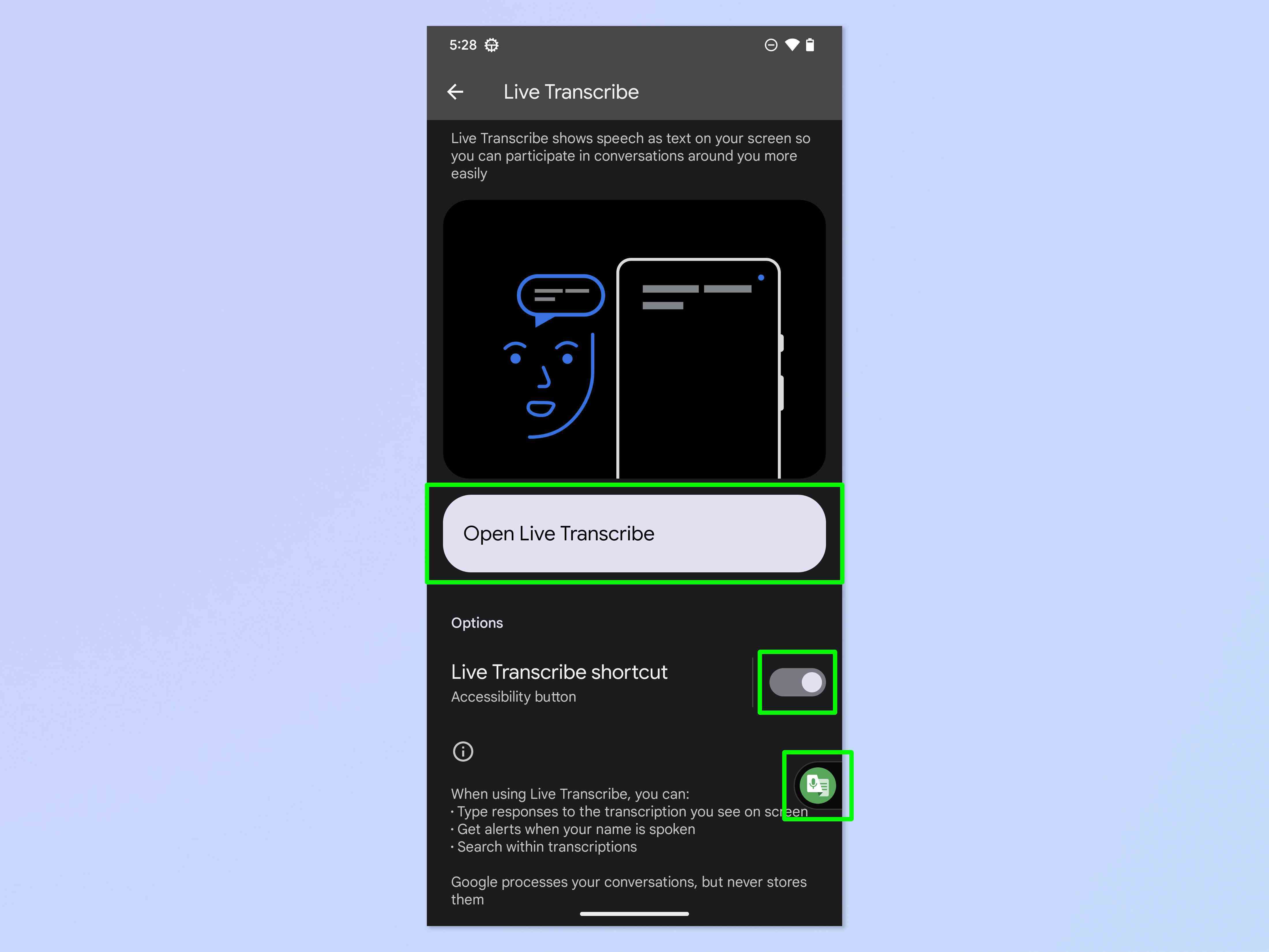 Android'de Canlı Altyazı kullanmak için gerekli adımları gösteren bir ekran görüntüsü.