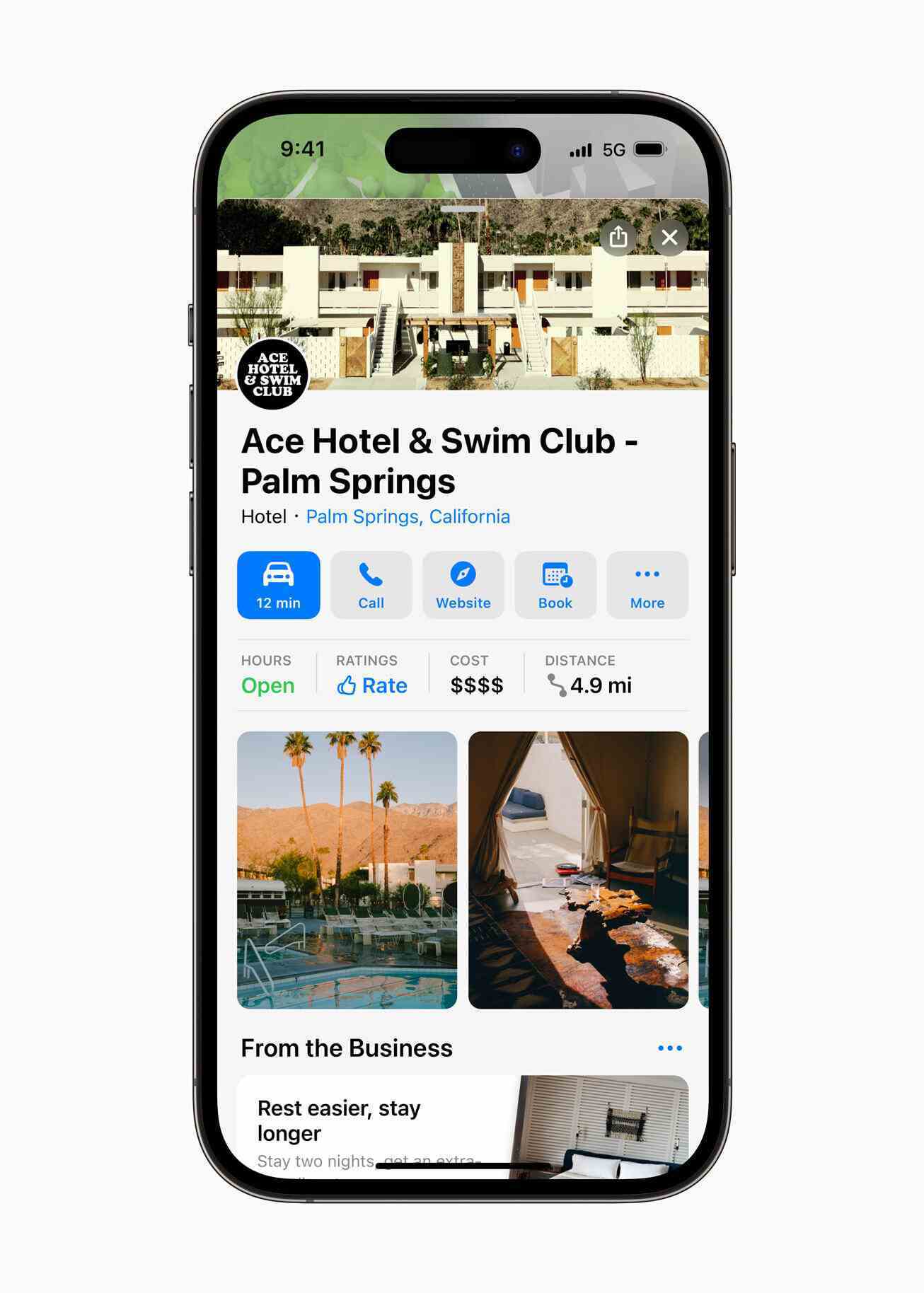 İşletme adının altındaki düğmeler, kullanıcıların doğrudan yer kartından otel odası rezervasyonu yapmasına olanak tanır - Apple, Haritalar'a tüketicilerin işlerini halletmesine büyük ölçüde yardımcı olacak heyecan verici yeni bir özellik ekler