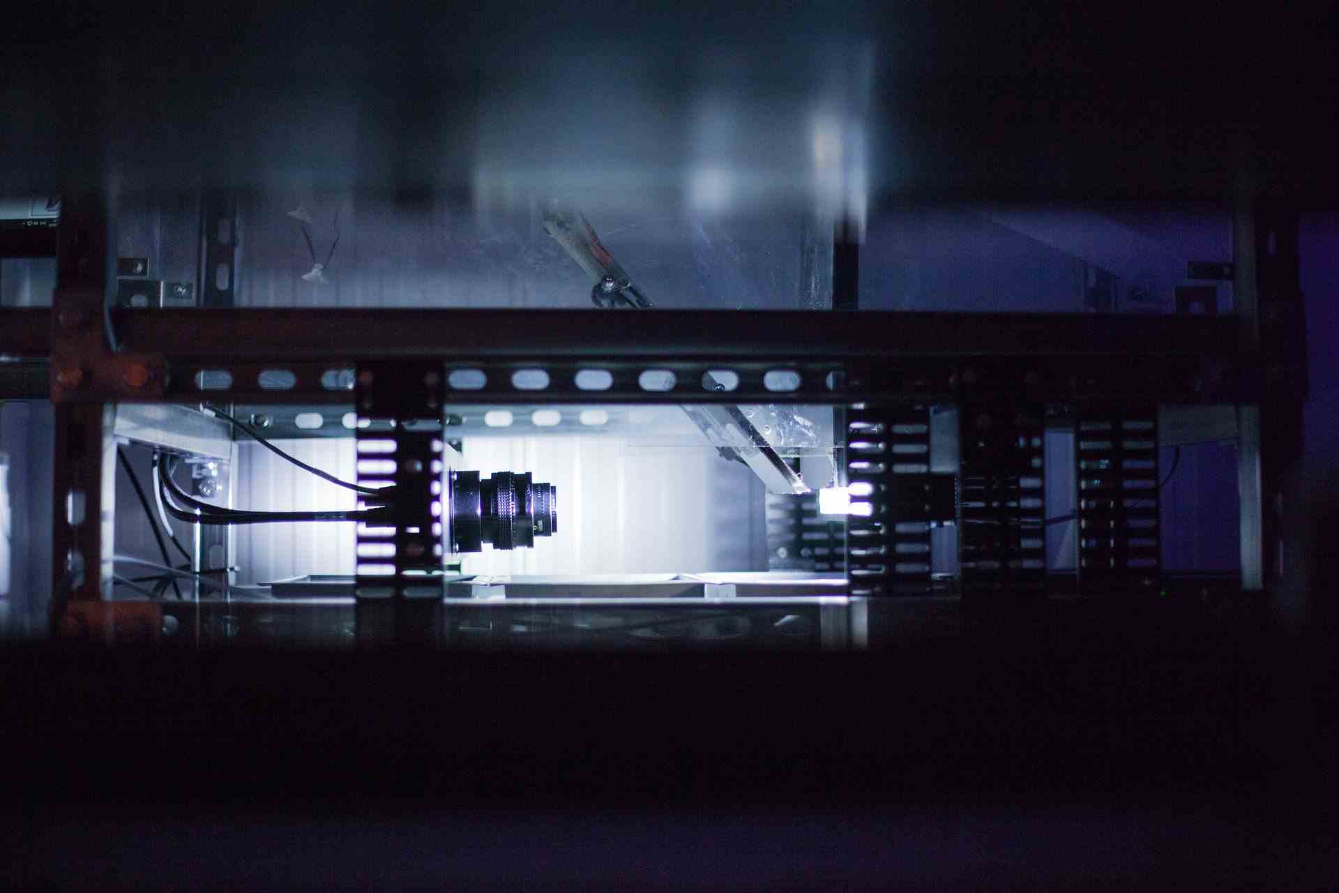 Siyah katı sinek yumurtalarına bakan bir kamera ile LED'lerle aydınlatılan bir kafese benzeyen Entocycle Neo