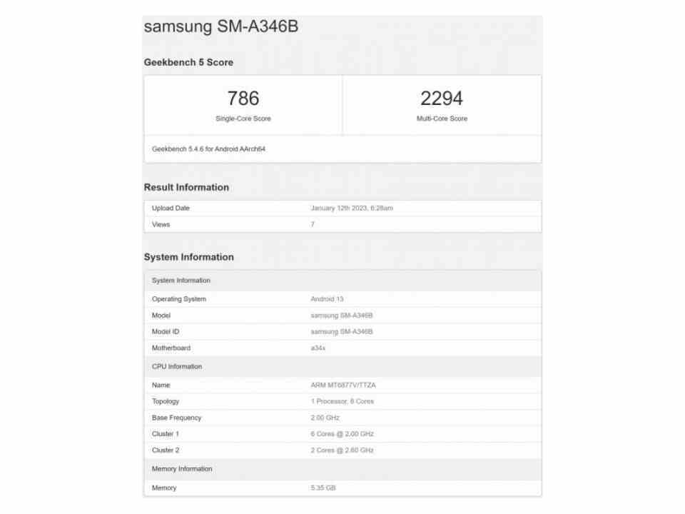 Galaxy Club tarafından sunulan Galaxy A34 5G Geekbench puanları.  - Galaxy A34 5G teknik özellikleri sızıntısı sonunda telefonun işlemcisini ortaya koyuyor