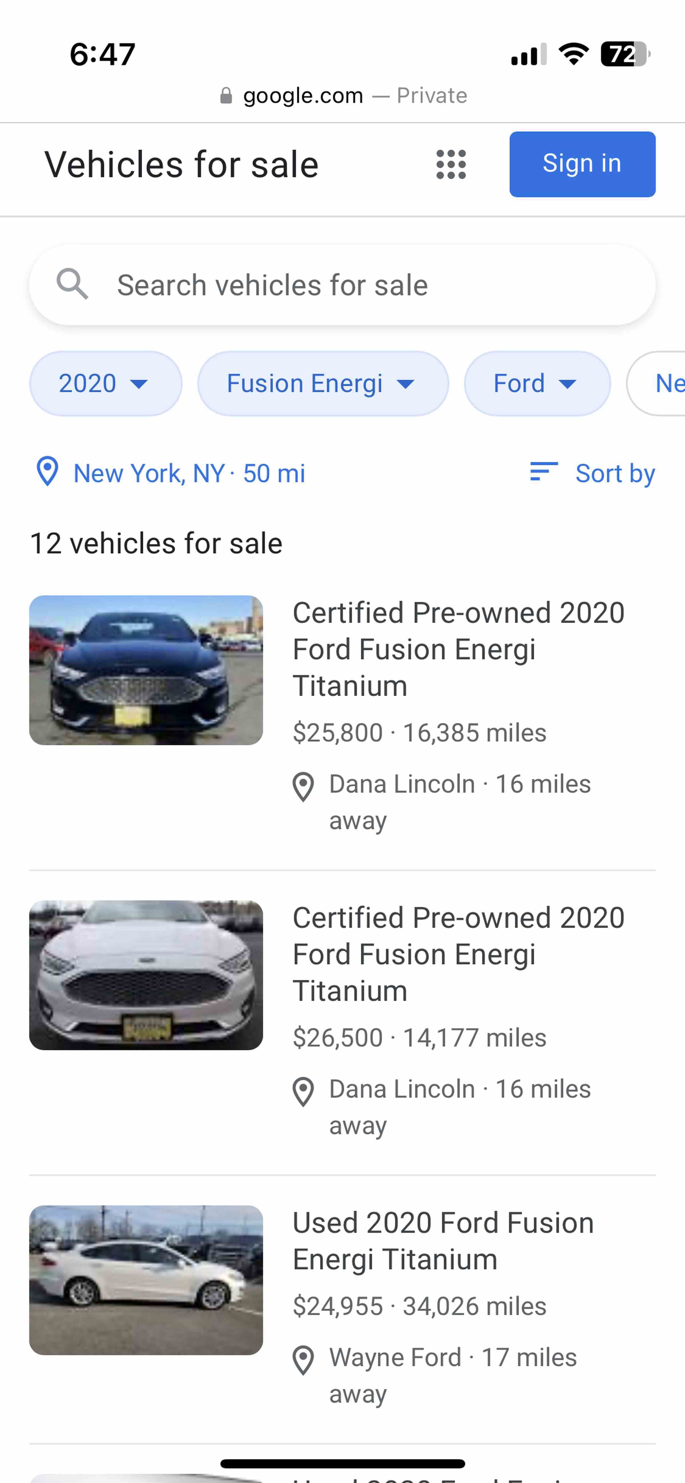 Google'ın Satılık Araç listeleri, herhangi bir araba satın alma uygulamasına benziyor.