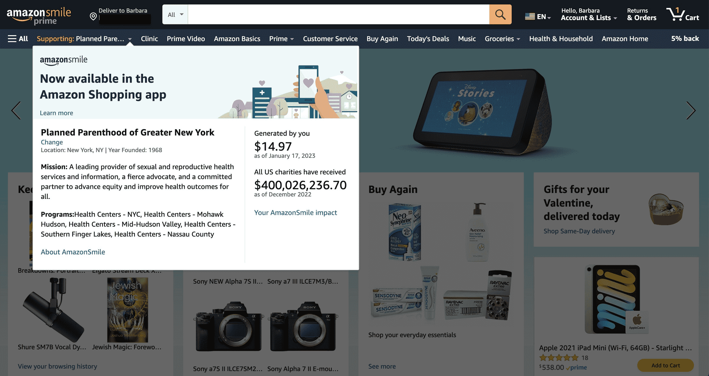Amazon'un Planlı Ebeveynliğe ne kadar katkıda bulunduğunu gösteren bir açılır listeyi gösteren Amazon sayfasının ekran görüntüsü.