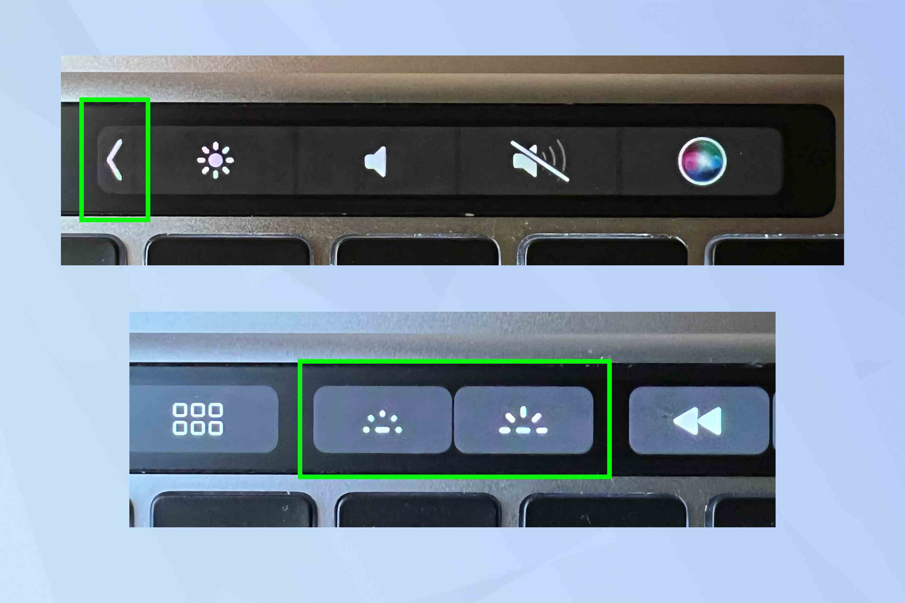 Klavye ışık düğmelerinin vurgulandığı Macbook dokunmatik çubuğunun bir görüntüsü.