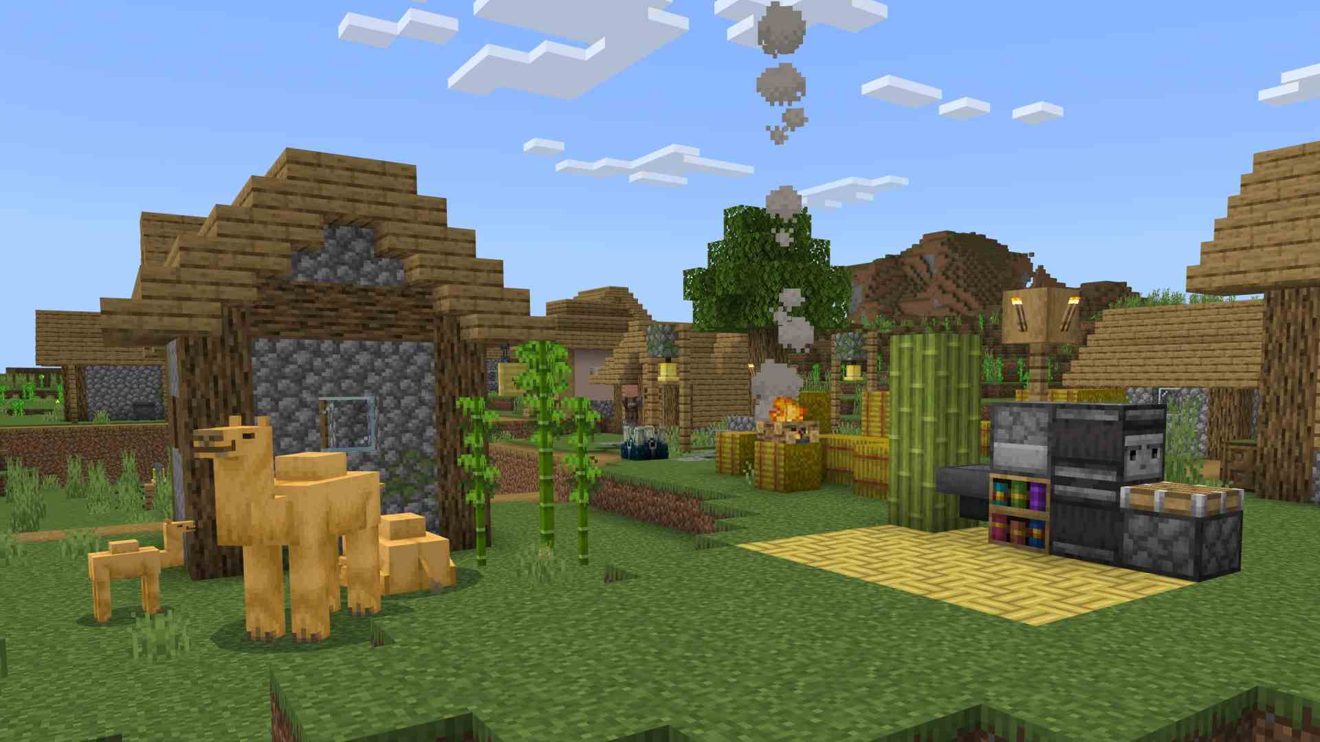 Minecraft Önizleme 1.19.60.23, develer, yontulmuş raflar, bambu ve daha fazlasıyla dolu bir köyde geçiyor.