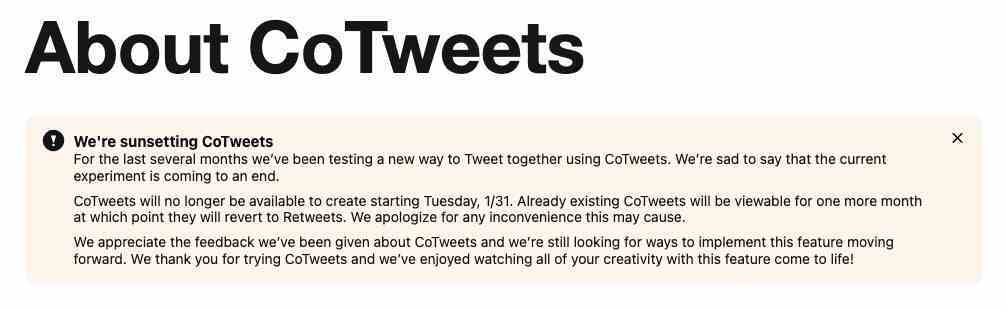 Twitter, deneysel CoTweets özelliğini bugünden itibaren kapatıyor