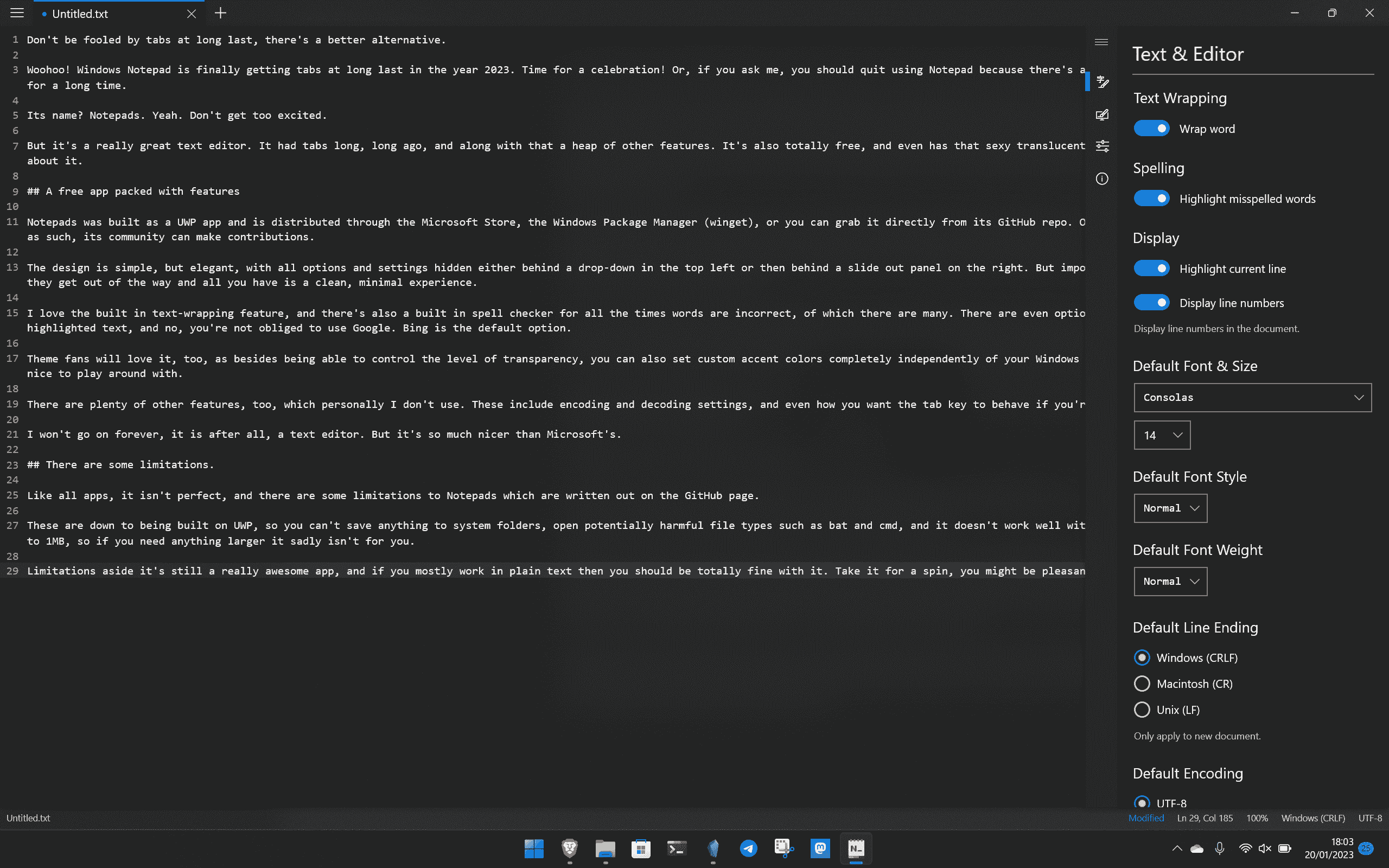 Ayarlar bölmesi açıkken Windows için Not Defteri uygulaması