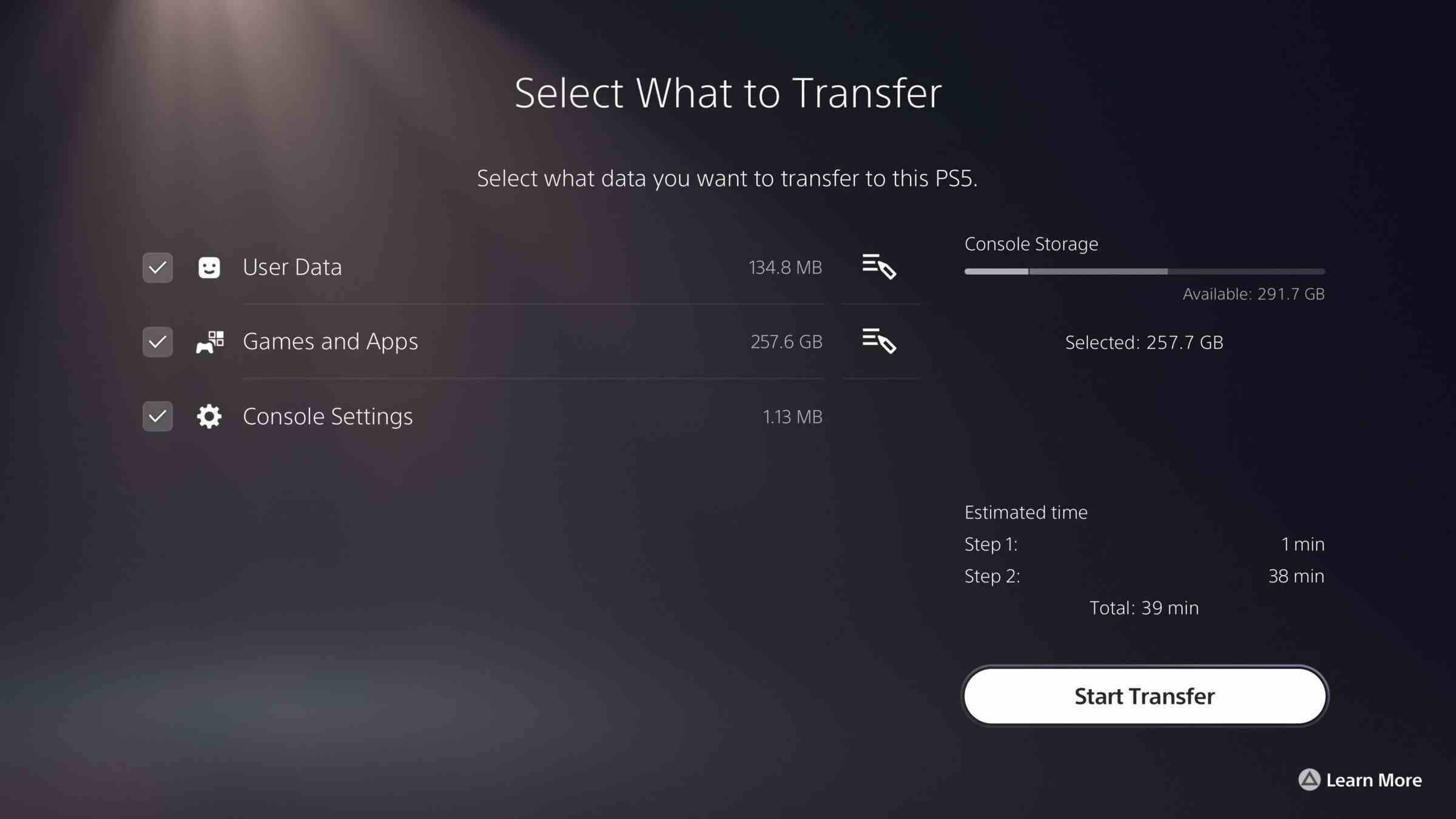Sony'nin yeni PS5 veri aktarım aracı.