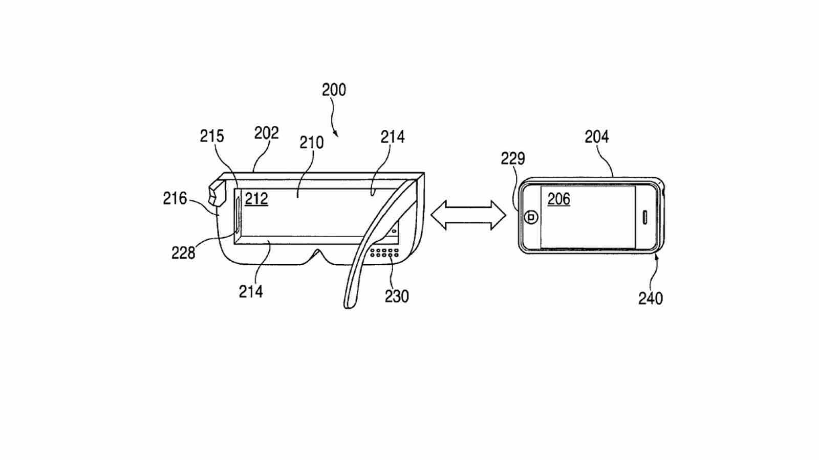 Bir VR başlığına güç sağlamak için iPhone kullanımına ilişkin Apple tarafından dosyalanmış bir patentin çizimi