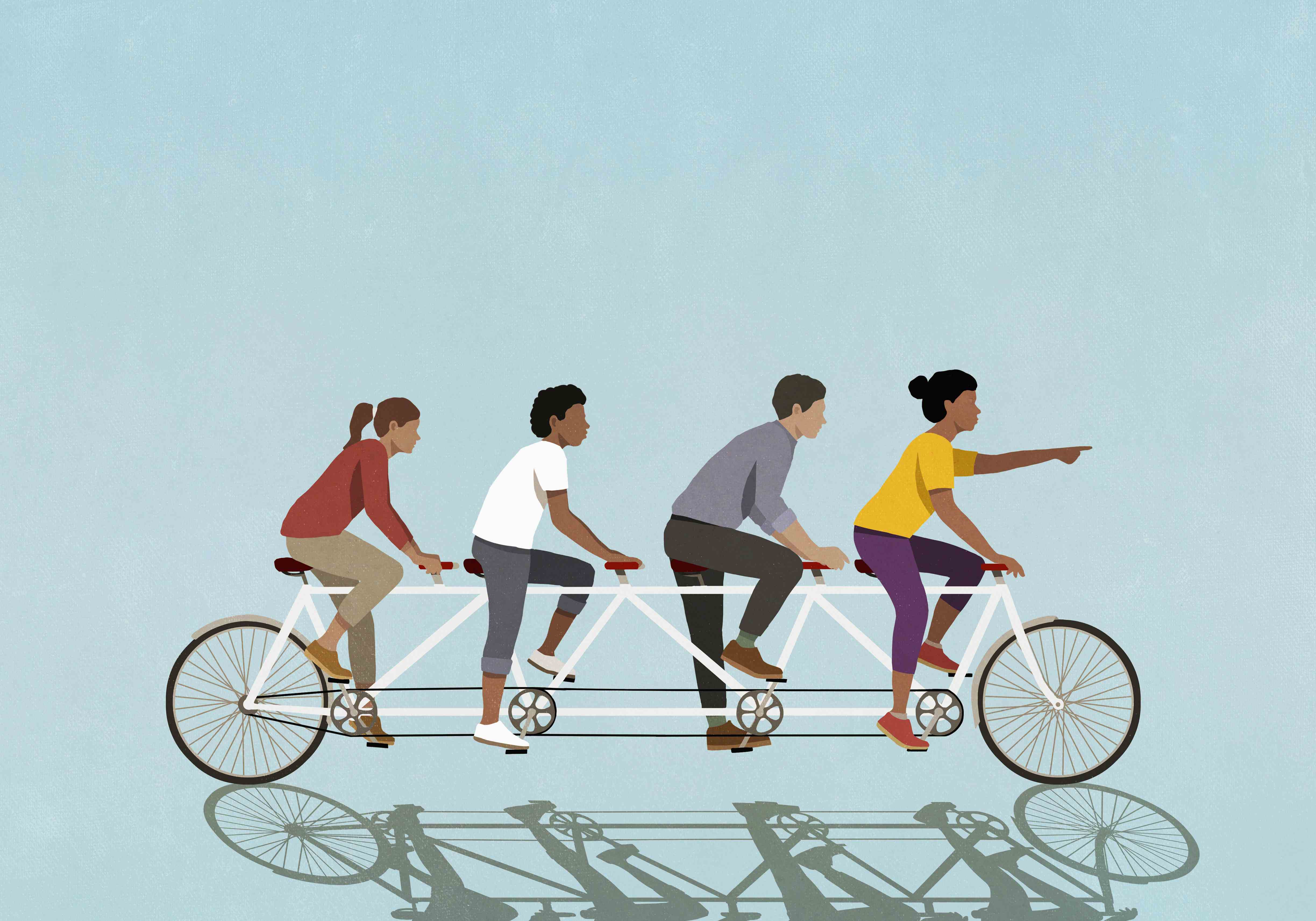 Mavi arka planda iki kişilik bisiklete binen arkadaşların illüstrasyonu.