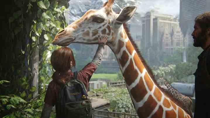 Ellie, The Last of Us Part I'de bir zürafayı evcilleştiriyor.