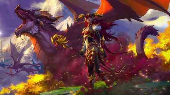 Blizzard, WoW Dragonflight Alexstrasza sanatının 30 saatten fazla sürdüğünü söylüyor Blizzard, WoW Dragonflight Alexstrasza sanatının 30 saatten fazla sürdüğünü söylüyor: Kıvrımlı kırmızı boynuzları olan, açık kırmızı ve altın zırh giyen bir ejderha kadın, yeşil bir alanda devasa bir kırmızı ejderhanın önünde duruyor