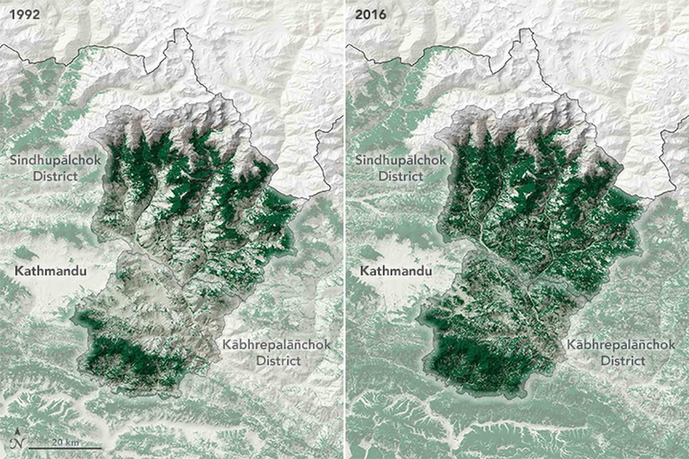 Soldaki bir harita, 1992'de azalan orman örtüsünü gösteren yeşil benekli bir bölgeyi gösteriyor. Sağdaki harita, 2016'da orman örtüsünün arttığını gösteren çok daha koyu yeşille boyanmış alanı gösteriyor.