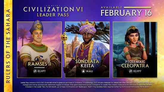 Civilization 6 Rulers of the Sahra DLC - Ramses II, SUndiata Keita ve Ptolemaios Kleopatra'yı gösteren grafik ve 16 Şubat çıkış tarihi