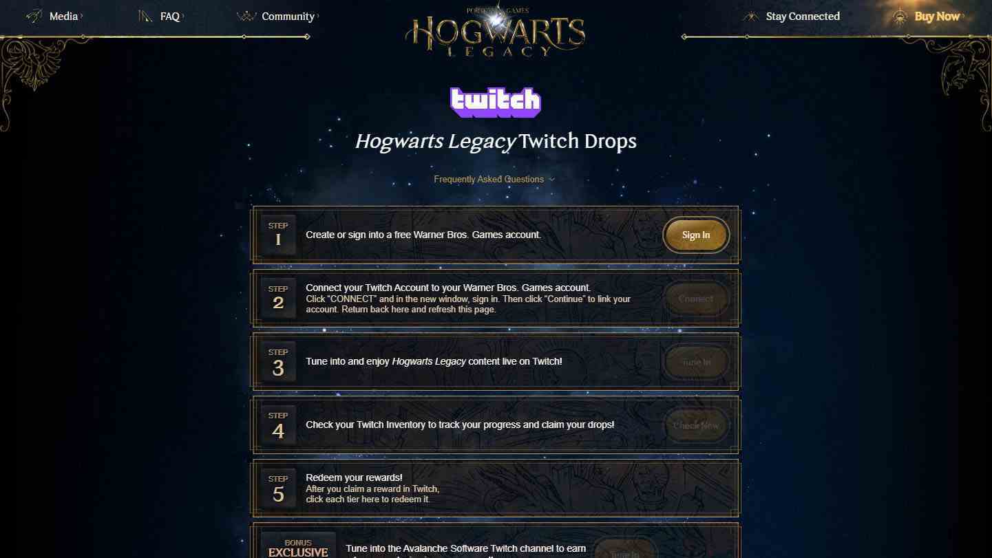 Hogwarts Legacy Twitch Ganimetleri sayfası