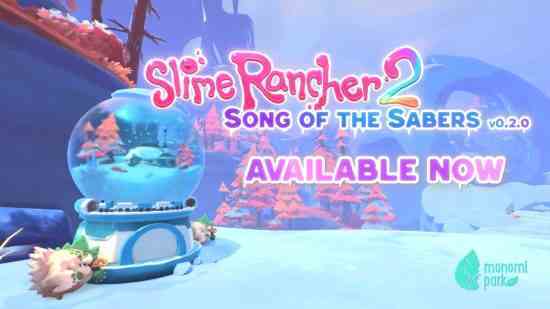 Slime Rancher 2 güncellemesi Sabres Şarkısı: Thundercluck tavukları ve karlı bir ufkun önünde bir kar küresi oturuyor