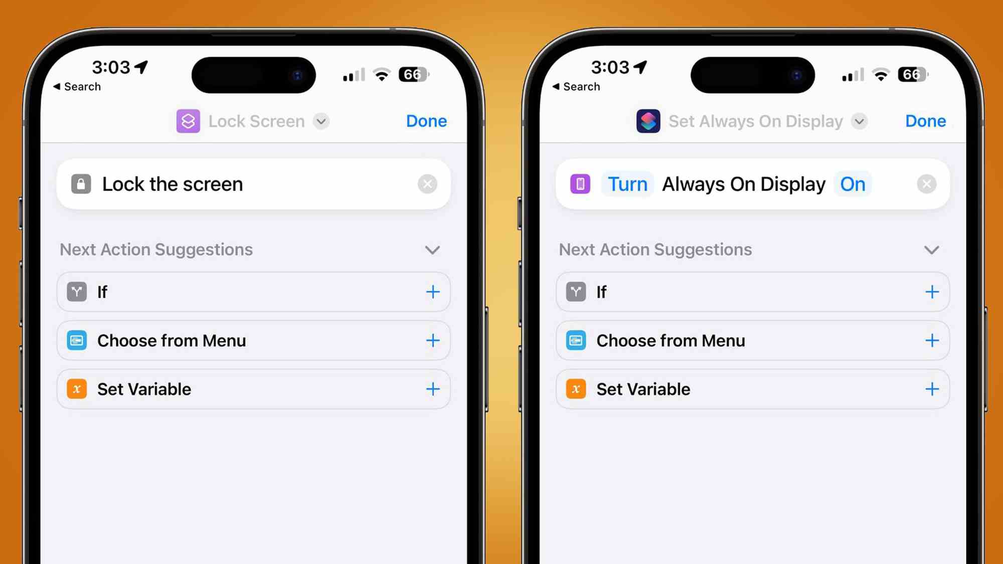 Apple'ın Kısayollar uygulamasında yeni seçenekleri gösteren iki iPhone