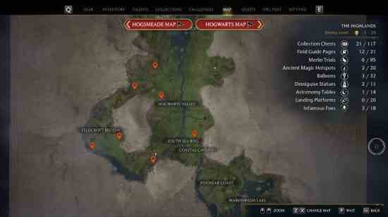 Hogwarts Legacy iniş platformları - Orta bölgedeki iniş platformlarının konumlarını gösteren iğnelerin tümü.