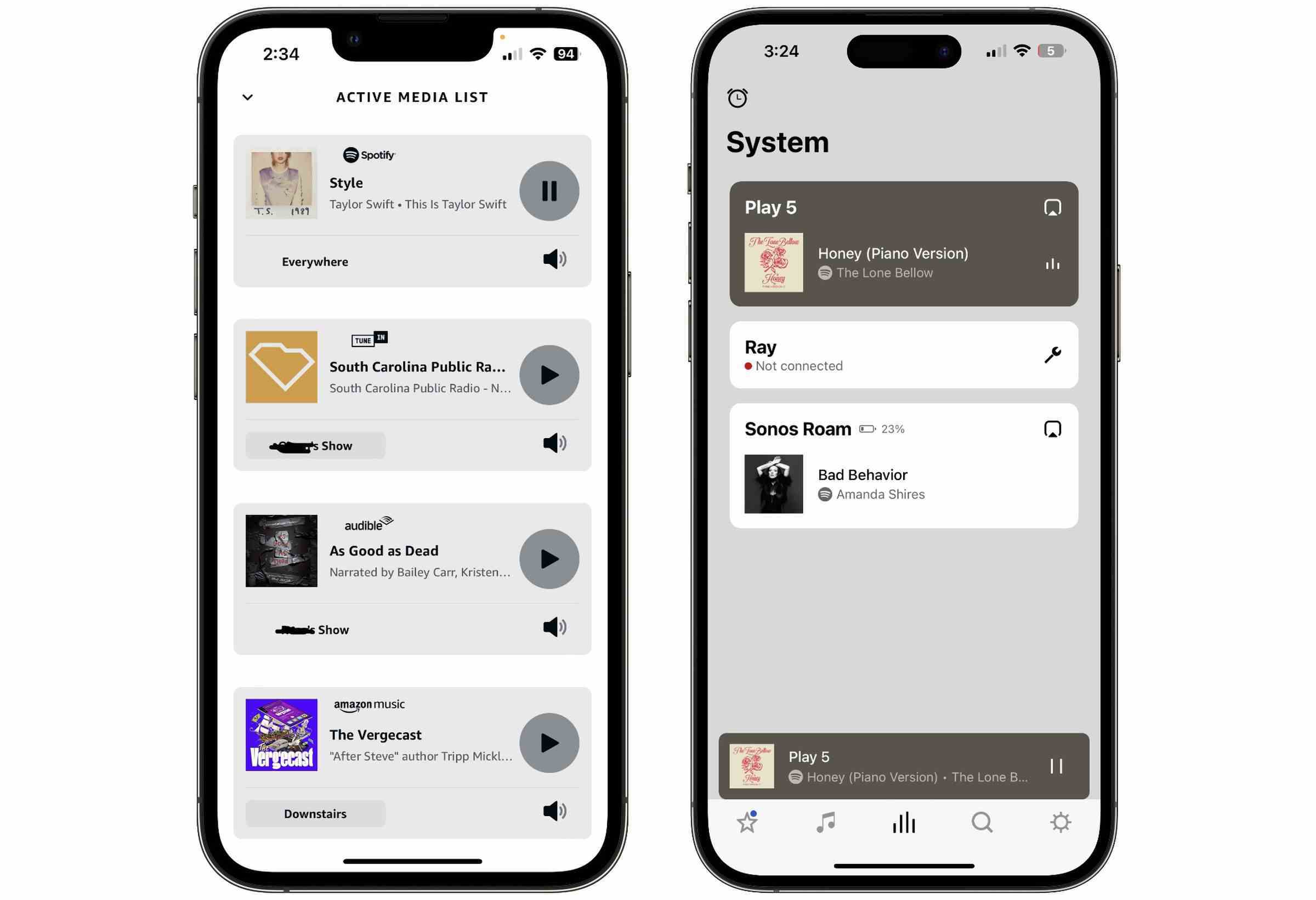 Amazon'un Alexa uygulamasındaki Aktif Medya Listesi ile Sonos uygulamasının Sistem ekranını karşılaştıran ekran görüntüleri.