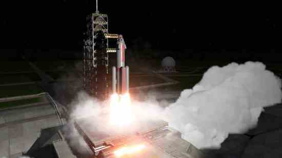 Kerbal Uzay Programı 2: Dumanla çevrili bir roket kalkıyor