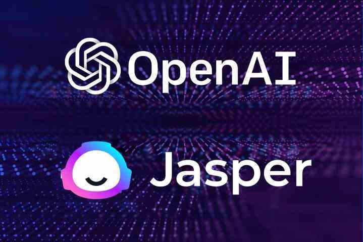 OpenAI ve Jasper AI logoları mor bir arka plan üzerinde görünür,