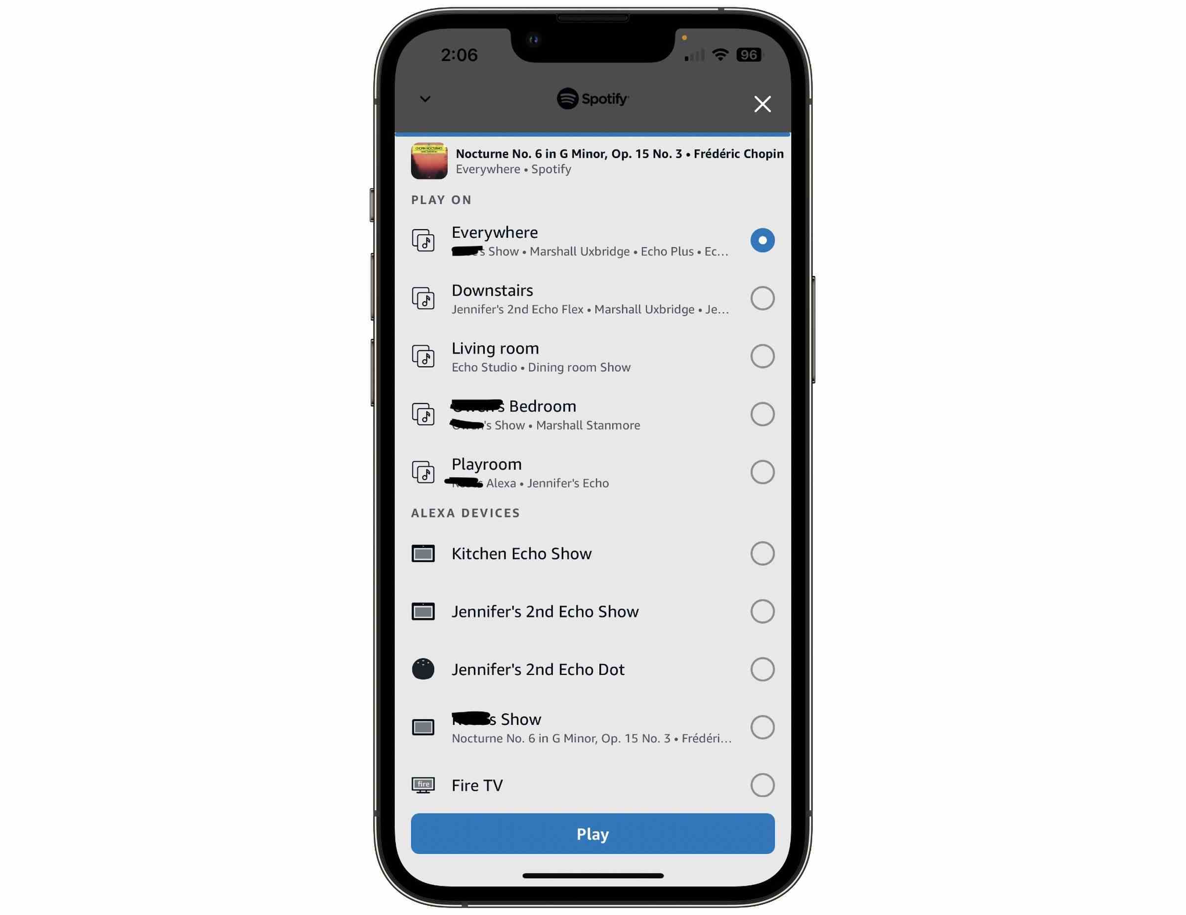 Müziği hoparlörler ve gruplar arasında taşımak için Alexa uygulamasının menüsünün ekran görüntüsü.
