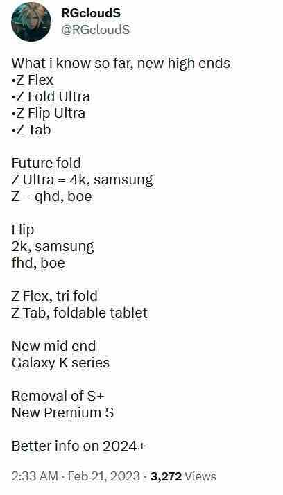 Twitter yorumcusu RGCloudS, Samsung'un yakında akıllı telefon serisini değiştireceğini söylüyor - Çılgın söylenti, Samsung'un 2024'ten sonra Fold Ultra ve Flip Ultra dahil olmak üzere 4 yeni katlanabilir ürün sunacağını söylüyor