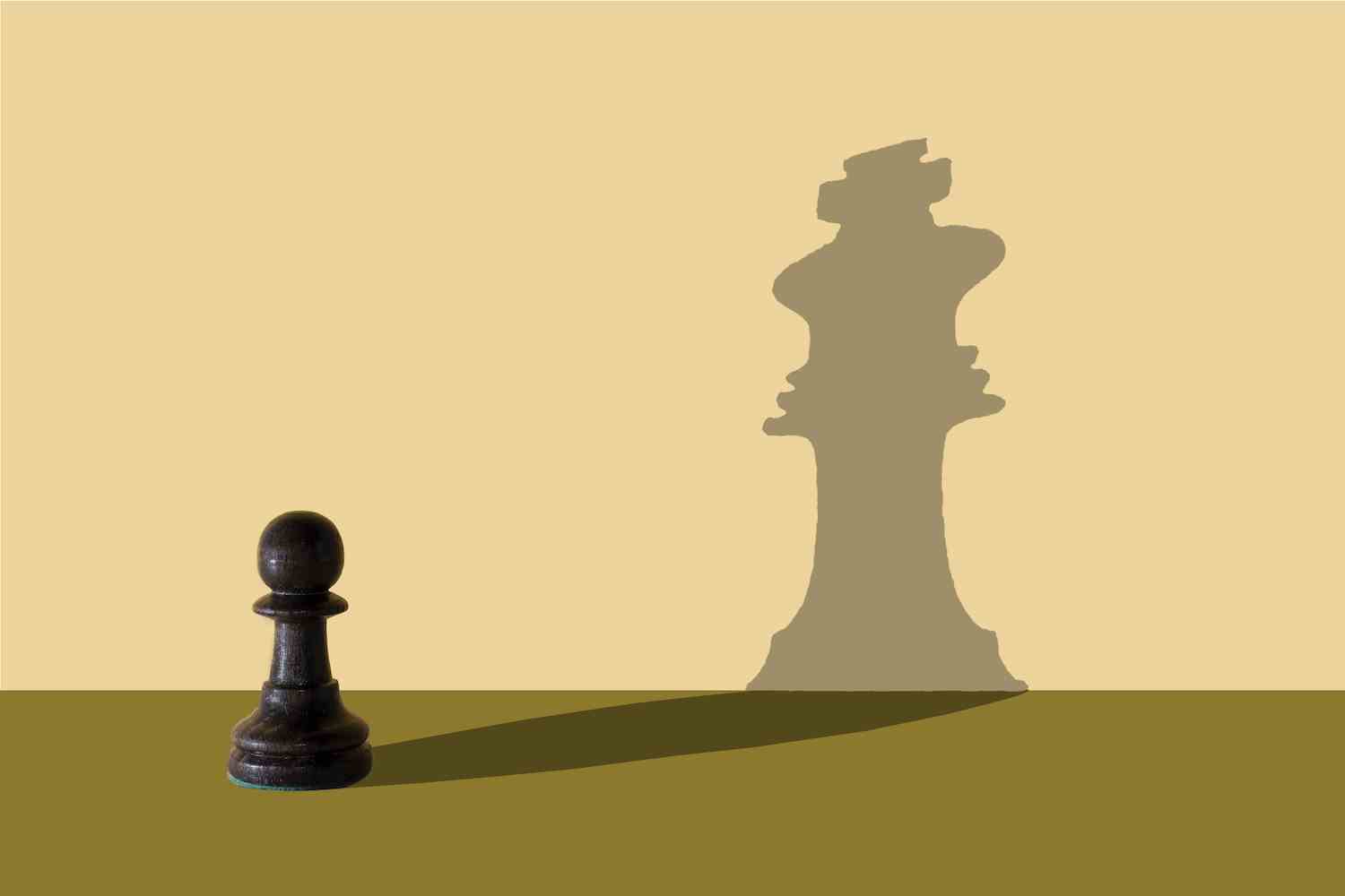 Bir satranç figürü, fotoğrafın ve illüstrasyonun ortasında bir görüntünün üzerine farklı bir figürün gölgesini düşürür.