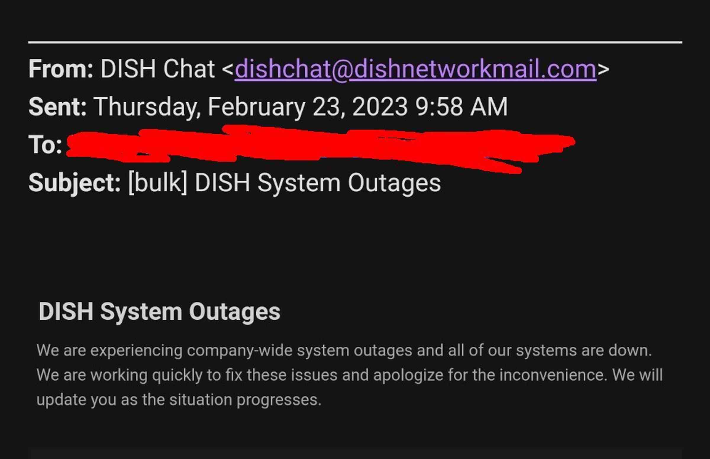 Dish yüklenicilerine gönderilen şu e-postayı gösteren ekran görüntüsü: 